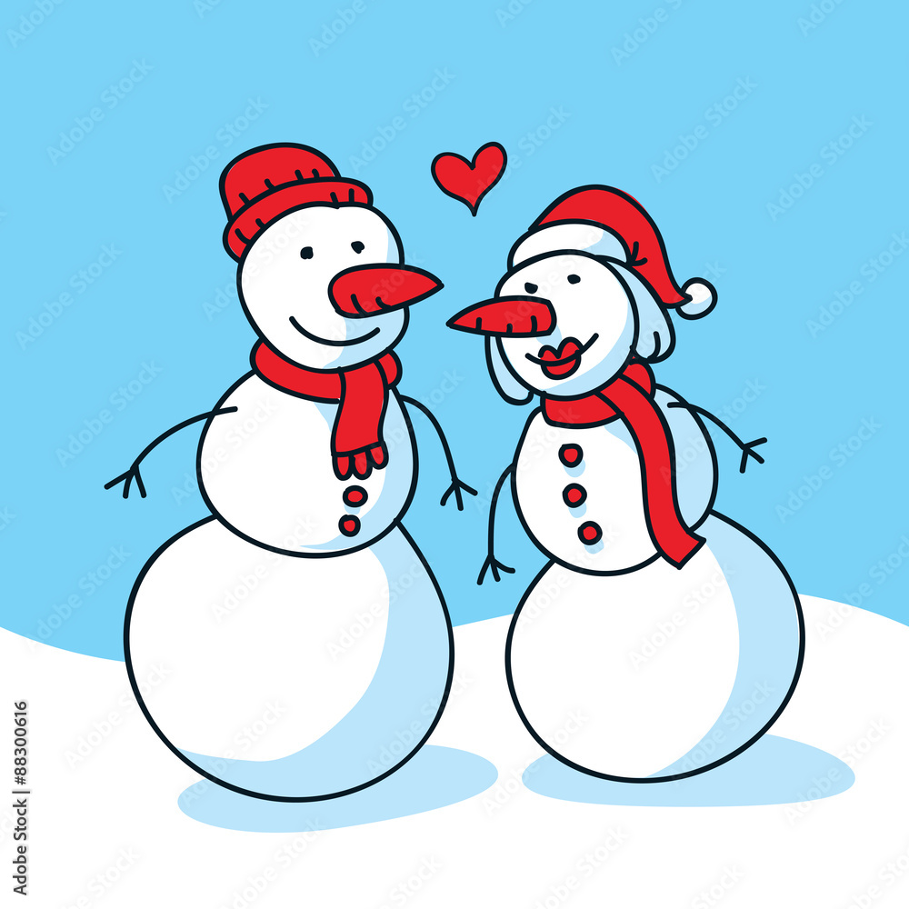 A cartoon snowman and snowwoman together and in love with a floating cartoon heart.