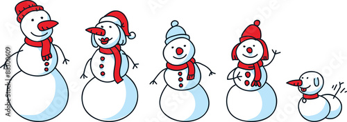 A cartoon snow family with snowman and mom, children and a snow dog.