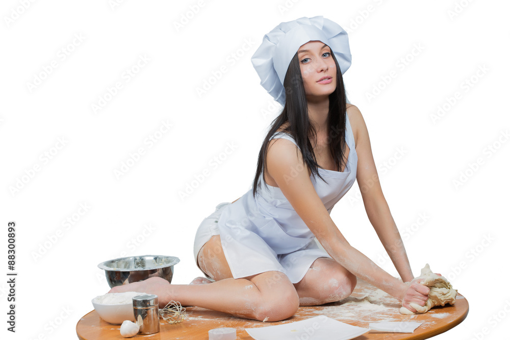 sexy woman in chef uniform knead the dough Stock Photo | Adobe Stock