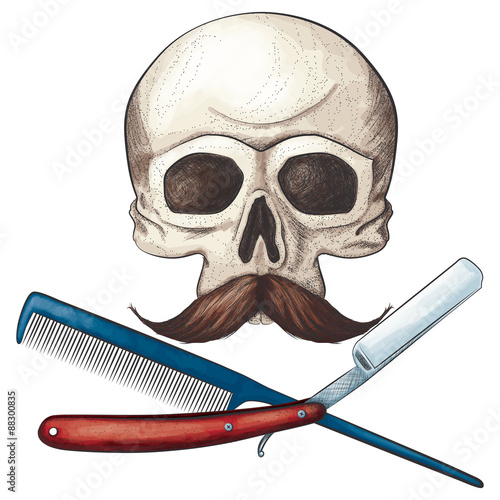 A hand drawn ink and watercolor style vector illustration of and barber themed jolly roger.