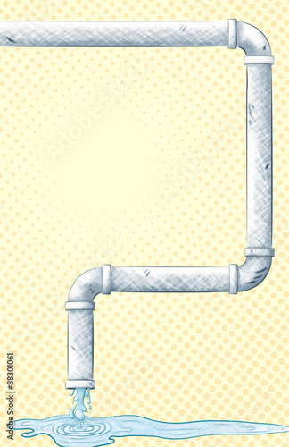 A vector illustration of a gray pipe with clean water running out of the end into a puddle on a yellow and orange  halftone background.