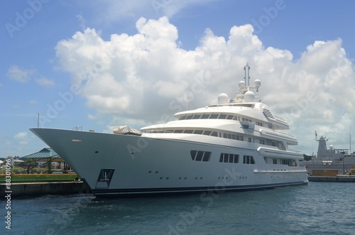 White Mega Yacht Moored at the Cruise Ship port in Nassau Bahamas