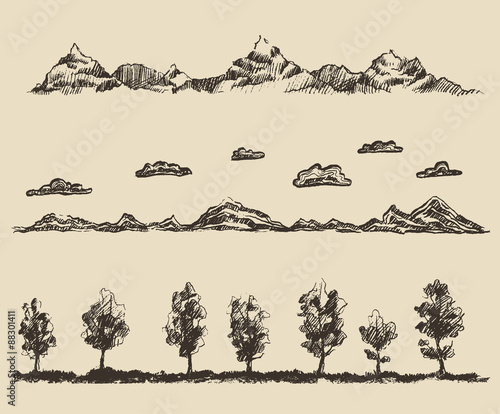 mountains contours clouds forest vector sketch