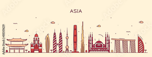 Canvas Print Asia skyline Trendy vector illustration line art