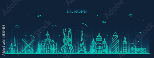 Europe skyline detailed silhouette line art style