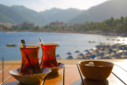 Turkish tea and beach, Icmeler, Marmaris, Anatolia, Turkey Minor