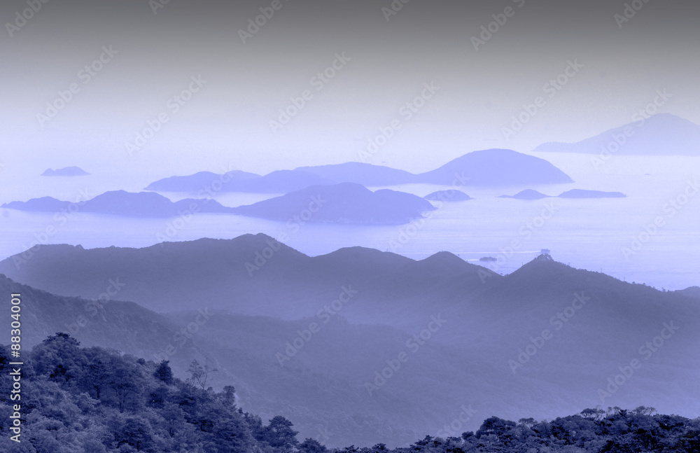 Lantau island near Hong Kong during foggy morning in China. 