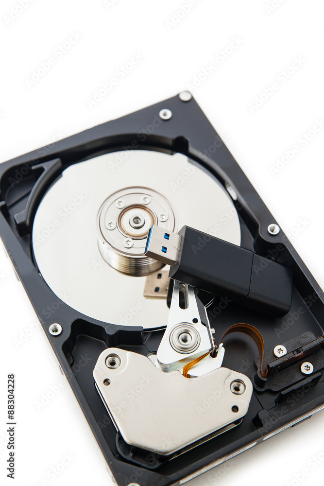 USB flash drive and Hard Disk drives isolate on white background USB flash drive and Hard Disk drives isolate on white background