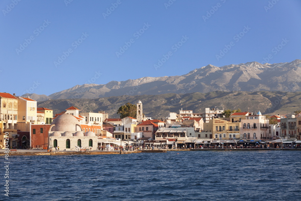 Venetian port and Turkish Mosque Hassan Pascha in front of Lefka Ori Mountains (White Mountains), Chania, Crete, Greek Islands, Greece Venetian port and Turkish Mosque Hassan Pascha in front of Lefka Ori Mountains (White Mountains), Chania, Crete, Greek Islands, Greece