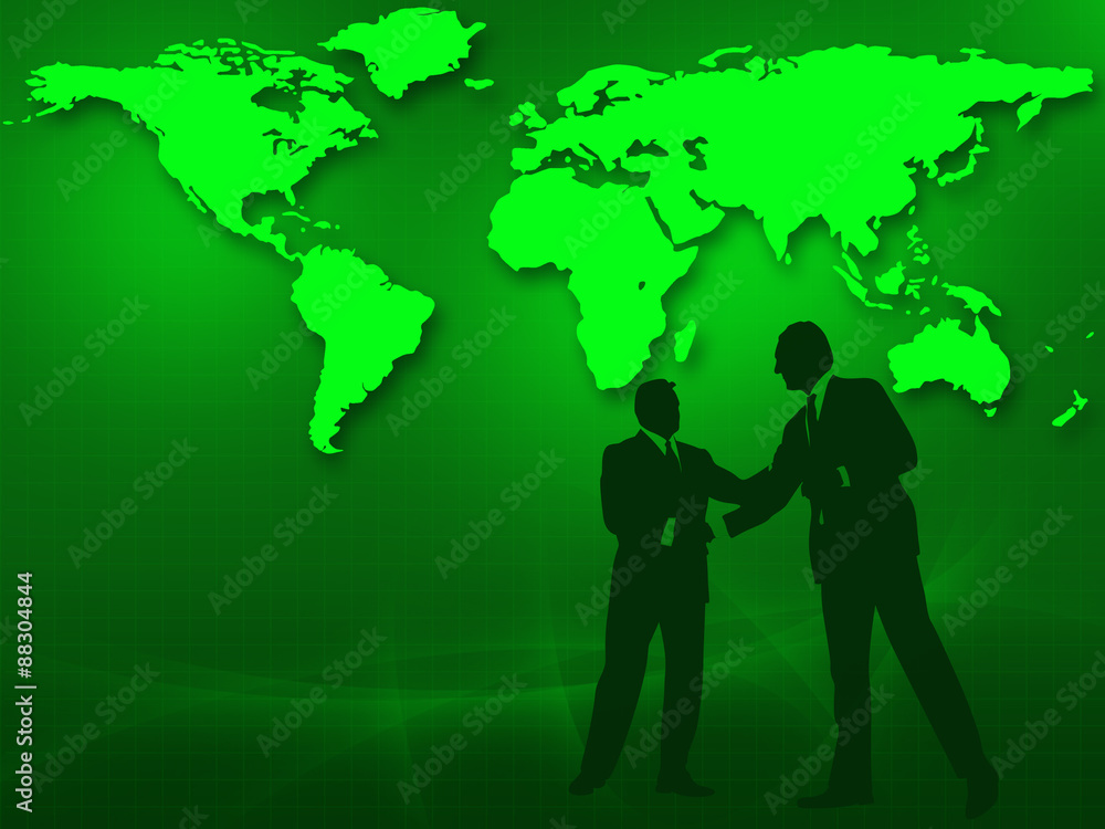 Two businessmen in a handshake in front of the world map.