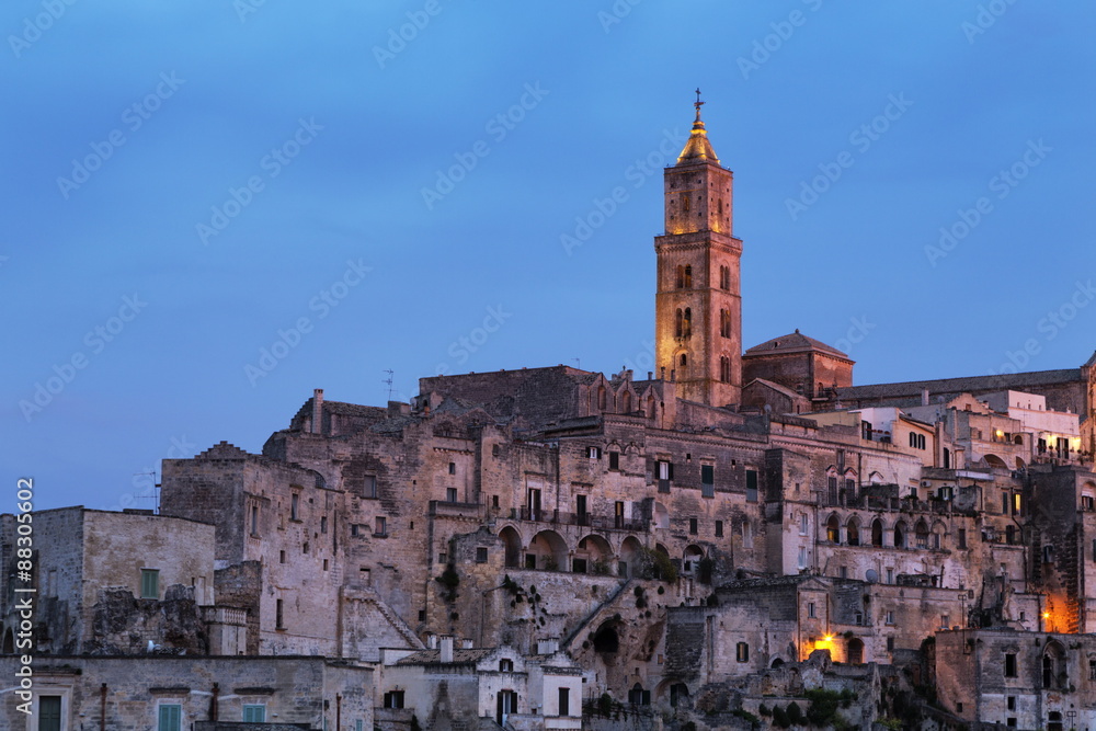 The Campanile and Cathedral at night in the Sassi area of Matera, Basilicata The Campanile and Cathedral at night in the Sassi area of Matera, Basilicata