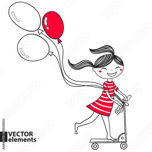 Girl on scooter with balloons. Vector illustration