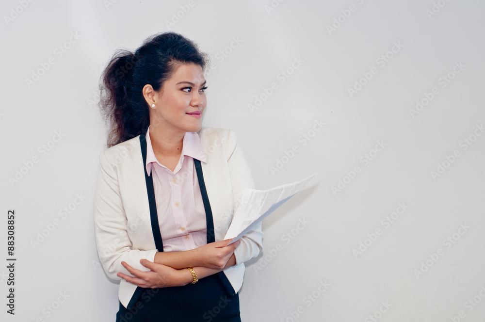 Woman holding business contract on white background Woman holding business contract on white background