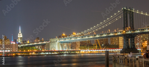 Panoramic View Manhattan Bridge and Manhattan Skyline at Night