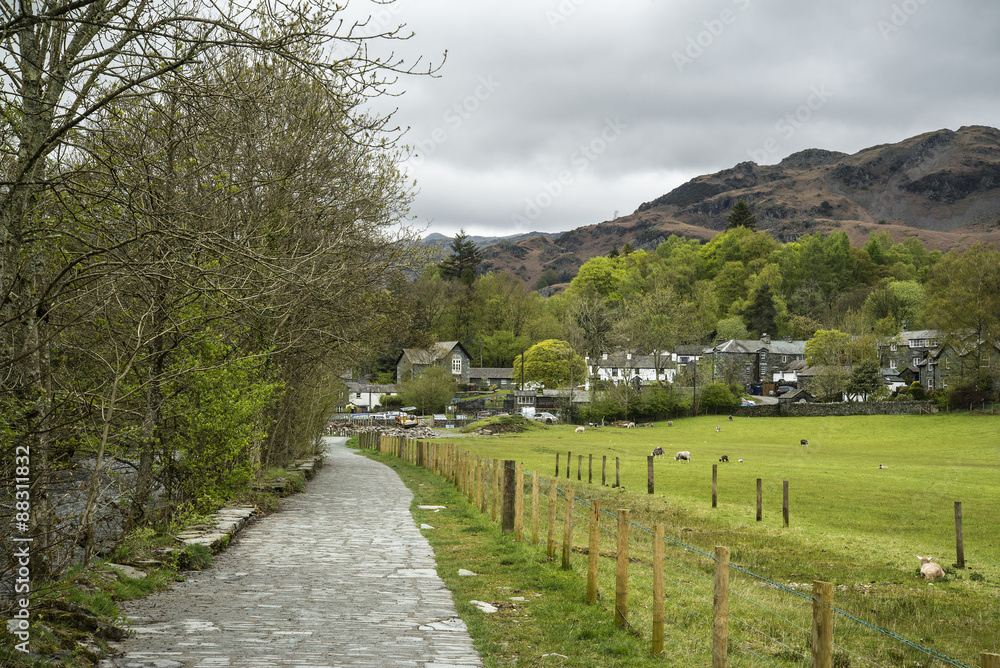 Beautiful old village landscape nestled in hills in Lake Distric
