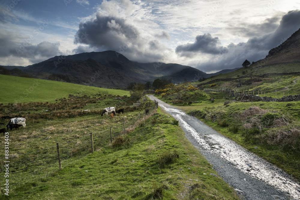 Beautiful Lake District landscape of hills and valleys on stormy