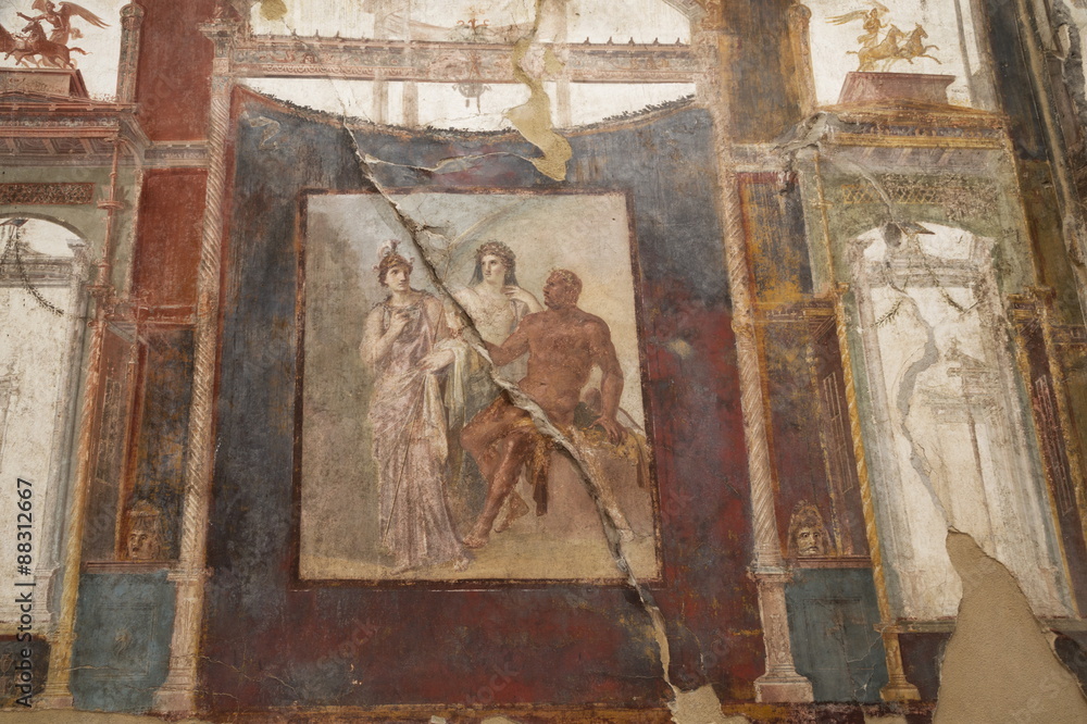 Ancient painted Roman fresco in Herculaneum, Campania Ancient painted Roman fresco in Herculaneum, Campania