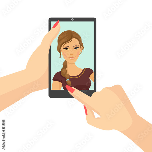Girl takes selfie. Vector flat illustration