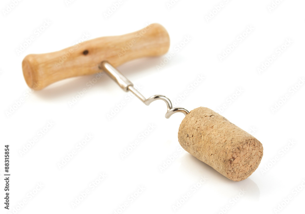 corkscrew and wine cork on white corkscrew and wine cork on white