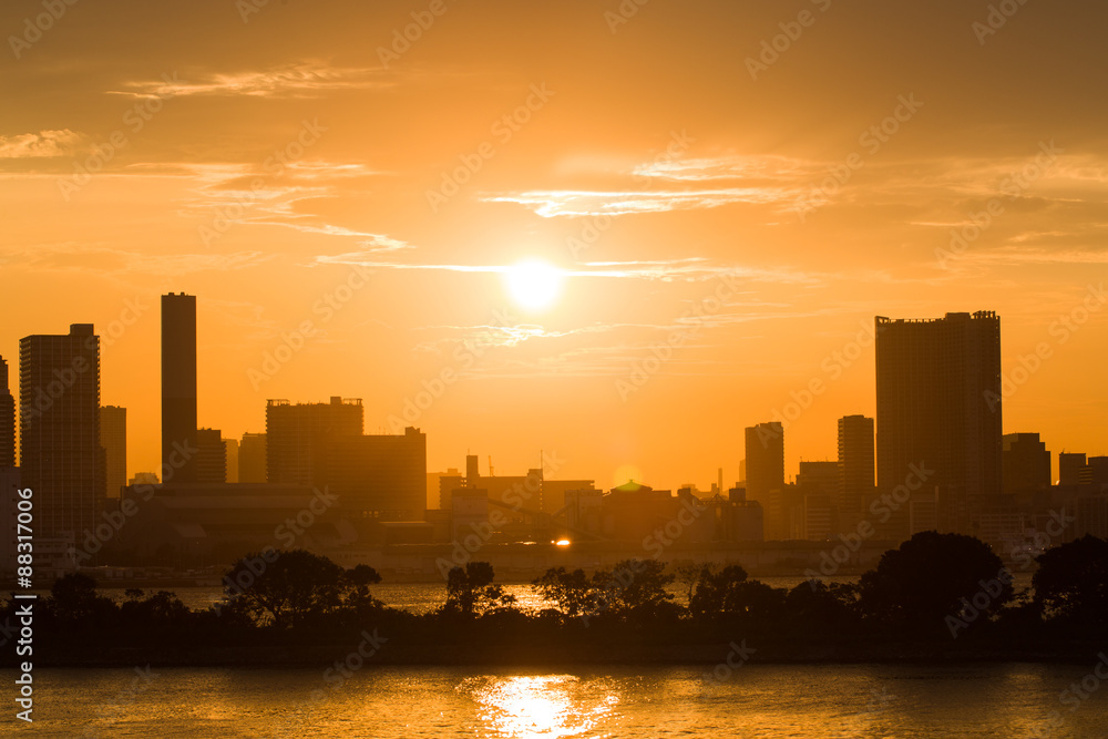 Beautiful silhouette of Tokyo at sunset