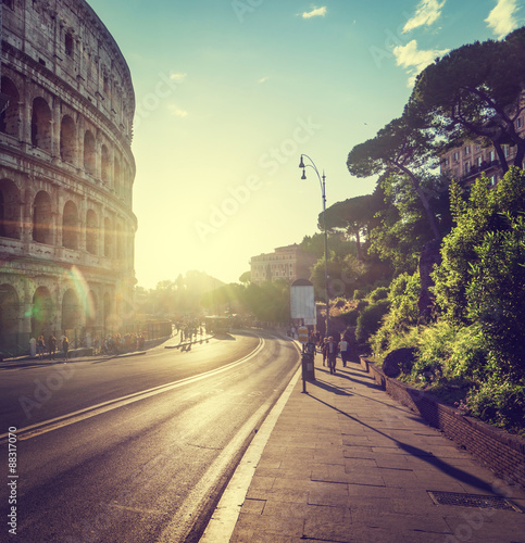 Canvas Print road to Colosseum in sunset time, Rome, Italy