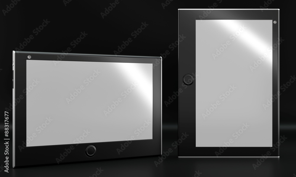 Tablet mockup on black background. Front view. Tablet mockup on black background. Front view.