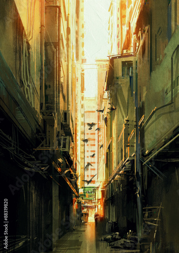 digital painting of long narrow alleyway at sunset,illustration © grandfailure