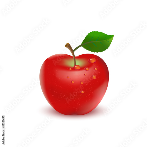 Red apple with green leaves