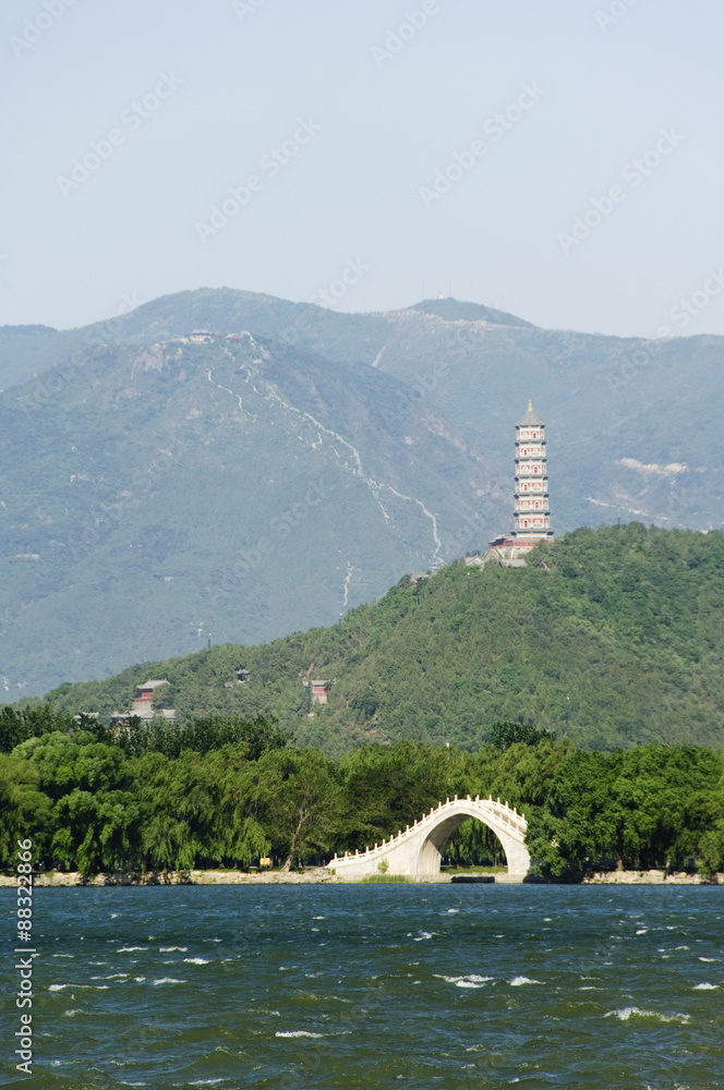 A pagoda on Yuquan Mountain seen across Kunming Lake at Yihe Yuan (The