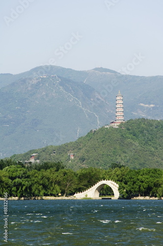 A pagoda on Yuquan Mountain seen across Kunming Lake at Yihe Yuan (The Summer Palace), Beijing, China photo