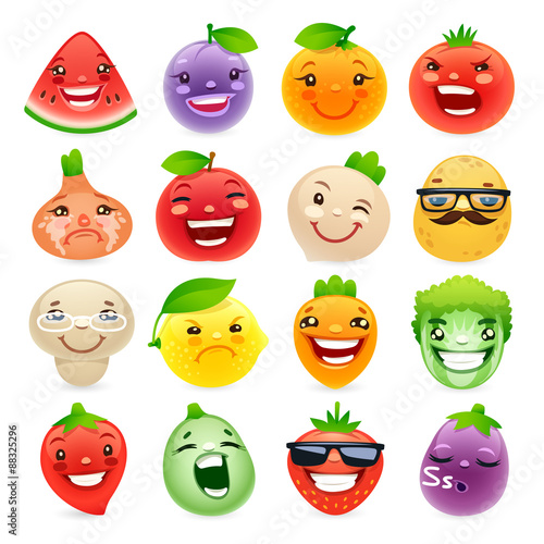 Funny Cartoon Fruits and Vegetables with Different Emotions