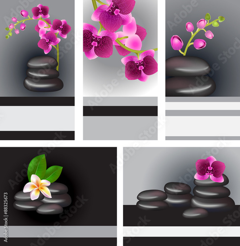cards and banners with stones and orchids