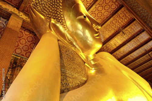 Head of the large reclining Buddha, Wat Phra Chetuphon (Wat Pho) (Wat Po), founded in the 17th century, the oldest temple in the city, Bangkok