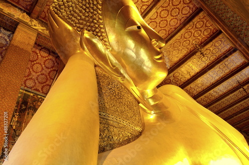 Head of the large reclining Buddha, Wat Phra Chetuphon (Wat Pho) (Wat Po), founded in the 17th century, the oldest temple in the city, Bangkok photo