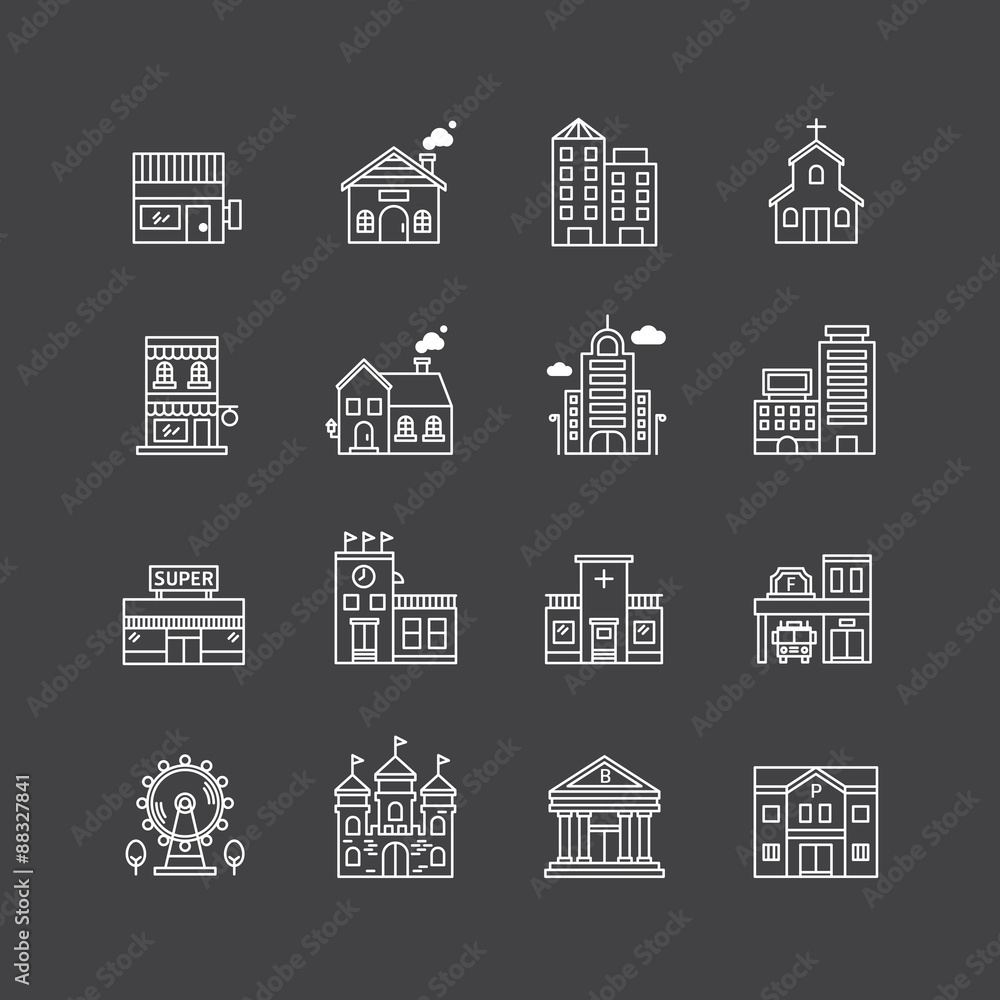 vector linear web icons set - buildings collection of flat line