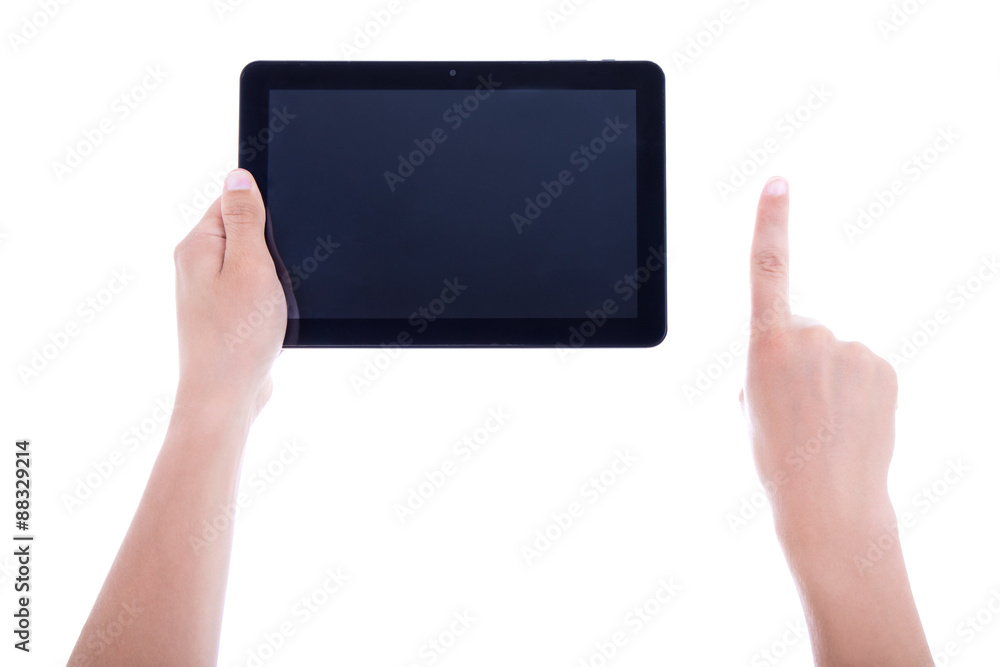 male hands using tablet computer with blank screen isolated on w male hands using tablet computer with blank screen isolated on w