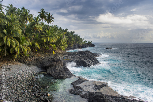 Rocky beach of Praia Piscina on the south coast of Sao Tome, Sao Tome and Principe, Atlantic Ocean