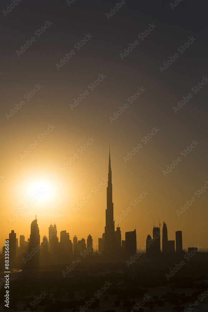 Elevated view of the new Dubai skyline, the Burj Khalifa, modern architecture and skyscrapers on Sheikh Zayed Road, Dubai Elevated view of the new Dubai skyline, the Burj Khalifa, modern architecture and skyscrapers on Sheikh Zayed Road, Dubai