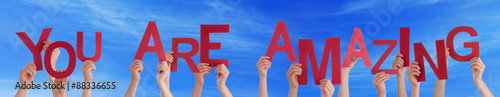 People Hands Holding Red Word You Are Amazing Blue Sky