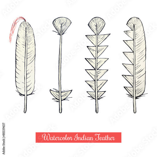 Set of watercolor hand draw indian war feathers