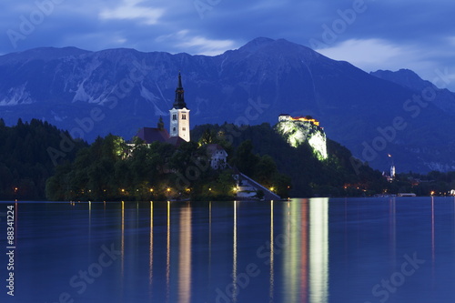 Blejski Otok Island with Santa Maria Church, Bled Castle, Lake Bled, Gorenjska, Julian Alps, Slovenia photo