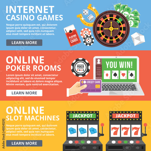 Internet casino games, online poker rooms, slot machines flat illustration concepts set