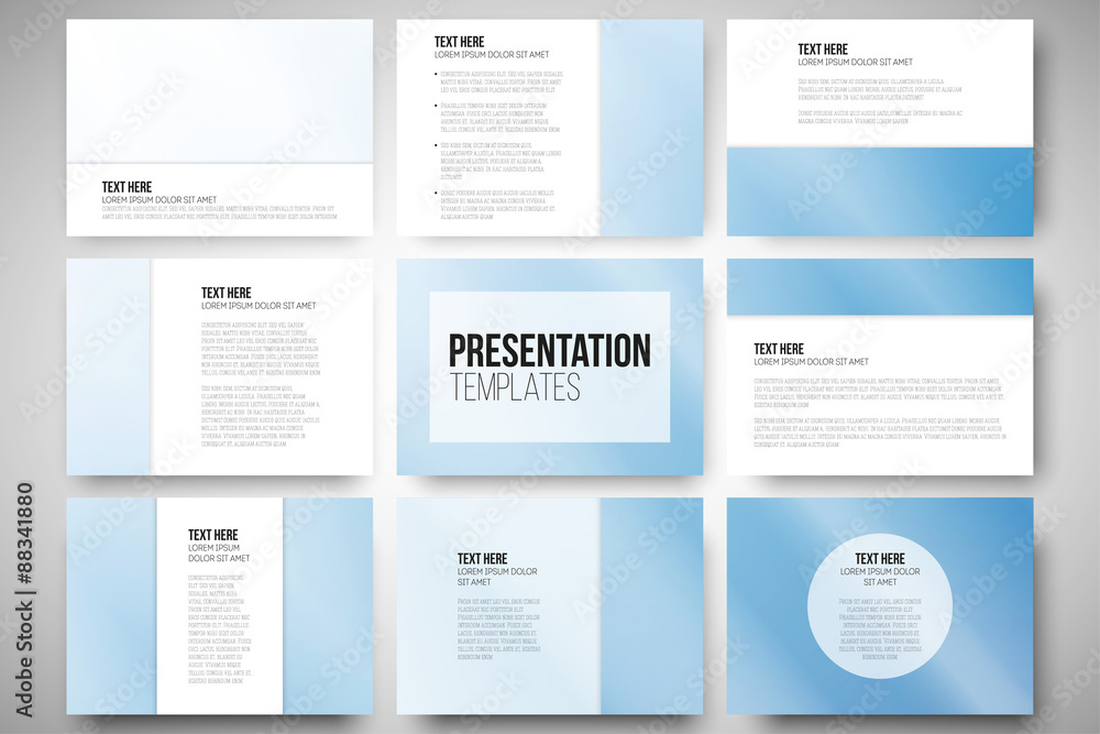 Set of 9 templates for presentation slides. Blue background