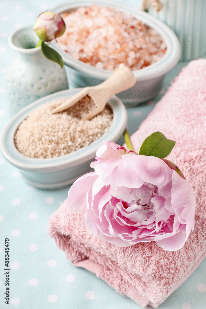 Bowl of sea salt and peony flower Bowl of sea salt and peony flower