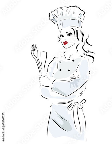Chef. Woman in cooker uniform with fork and spoon