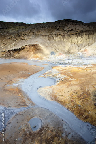 Boiling mud pools and stream at Seltun, part of the Krysuvik goethermal area on the Reykjanes Peninsula, Iceland photo