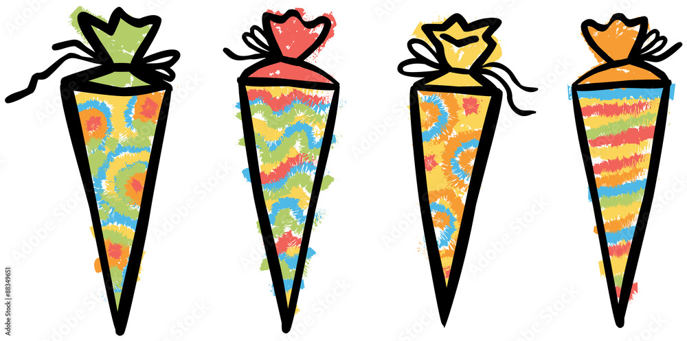 Set: 4 bunte Schultüten, Kreidezeichnung, Vektor, freigestellt Set: 4 bunte Schultüten, Kreidezeichnung, Vektor, freigestellt