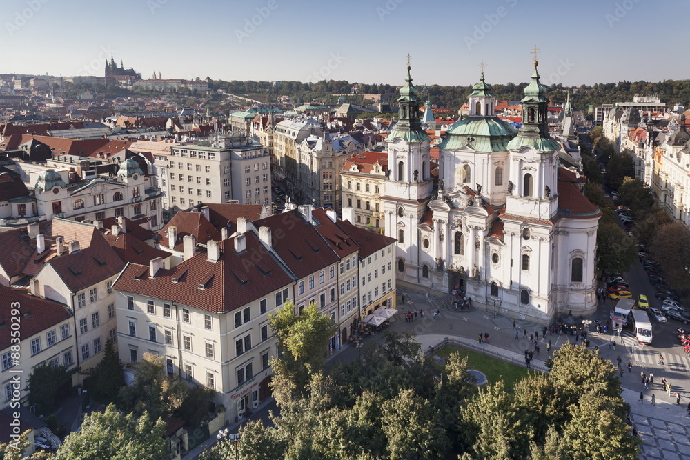 View over the Old Town Square (Staromestske namesti) to St. Nicholas Church and Castle District with Royal Palace and St. Vitus Cathedral, Prague, Bohemia, Czech Republic View over the Old Town Square (Staromestske namesti) to St. Nicholas Church and Castle District with Royal Palace and St. Vitus Cathedral, Prague, Bohemia, Czech Republic