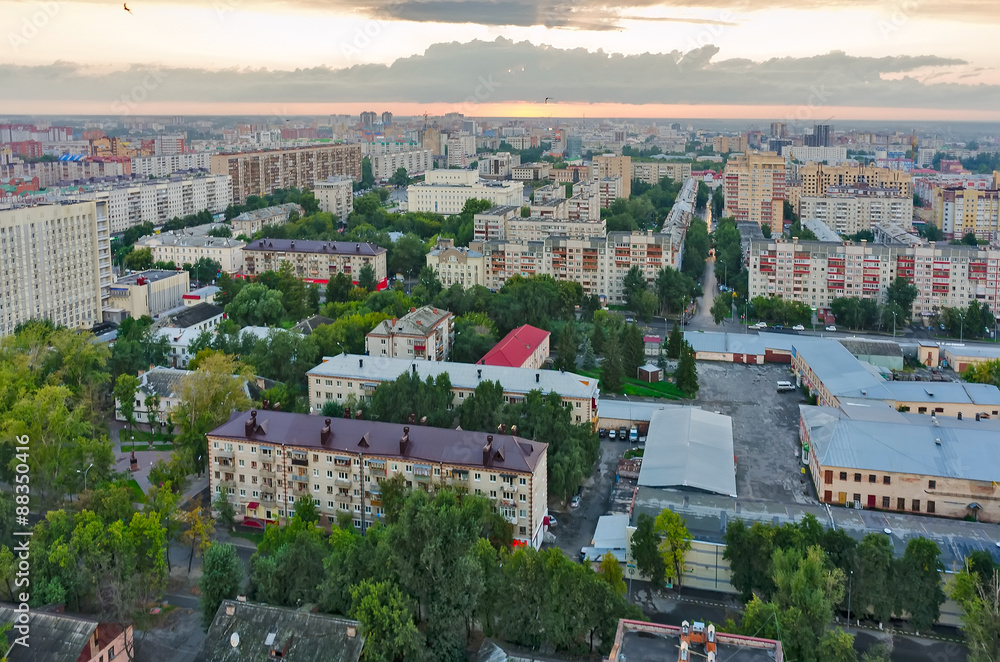 Aerial view of Tyumen city skyline at sunset