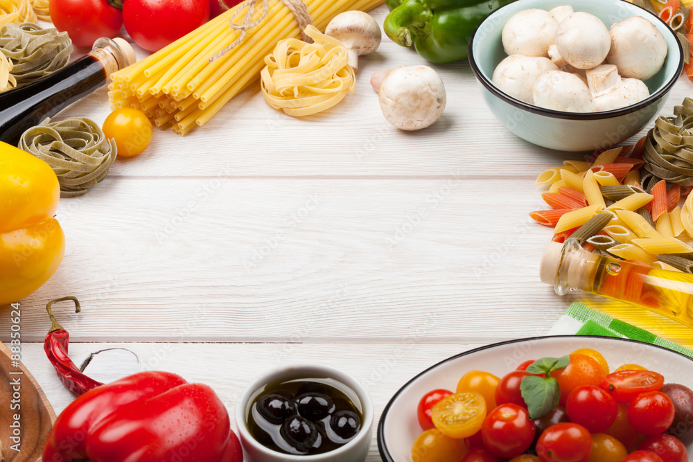 Italian food cooking ingredients. Pasta, vegetables, spices Italian food cooking ingredients. Pasta, vegetables, spices